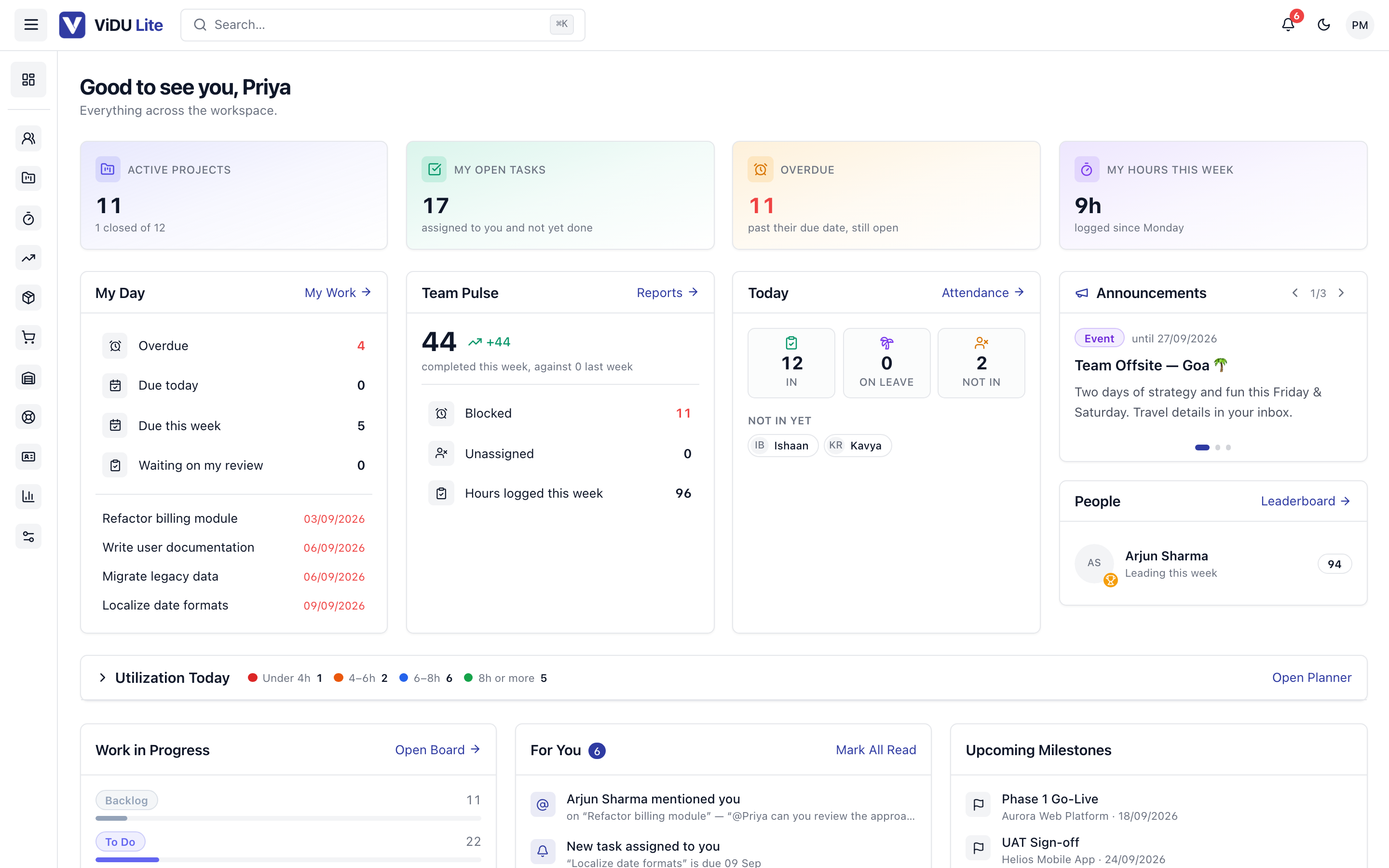 The ViDU Lite dashboard: project, sales, purchase and inventory KPIs with cross-module reports