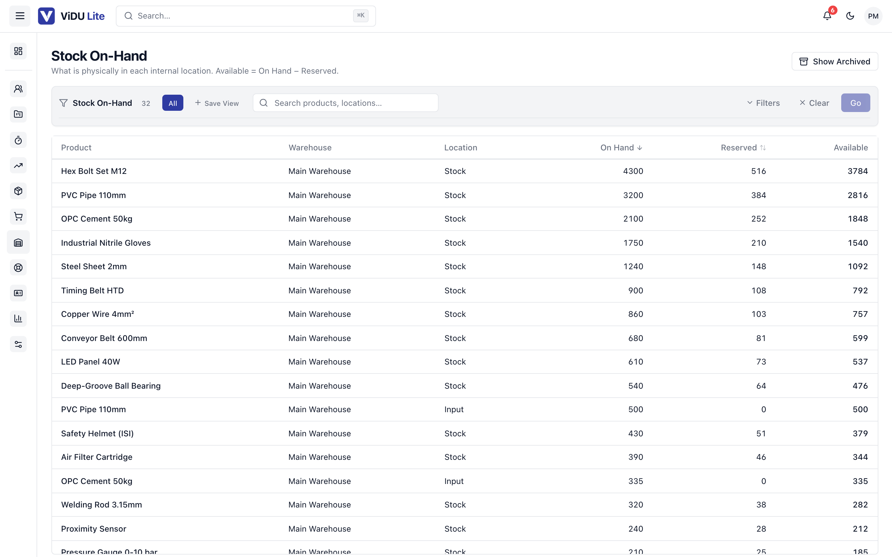 ViDU Lite Inventory: live stock across warehouses with movements and valuation